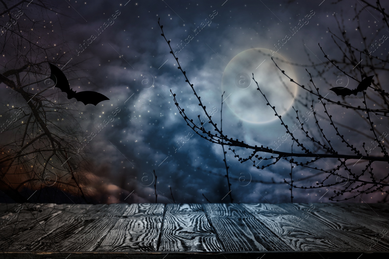 Image of Wooden surface and bats flying in night sky with full moon. Halloween illustration