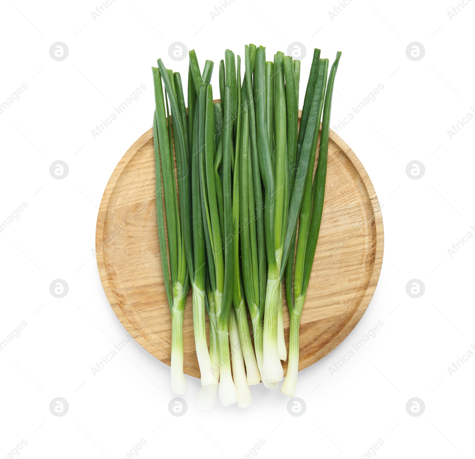 Photo of Fresh green spring onions isolated on white, top view