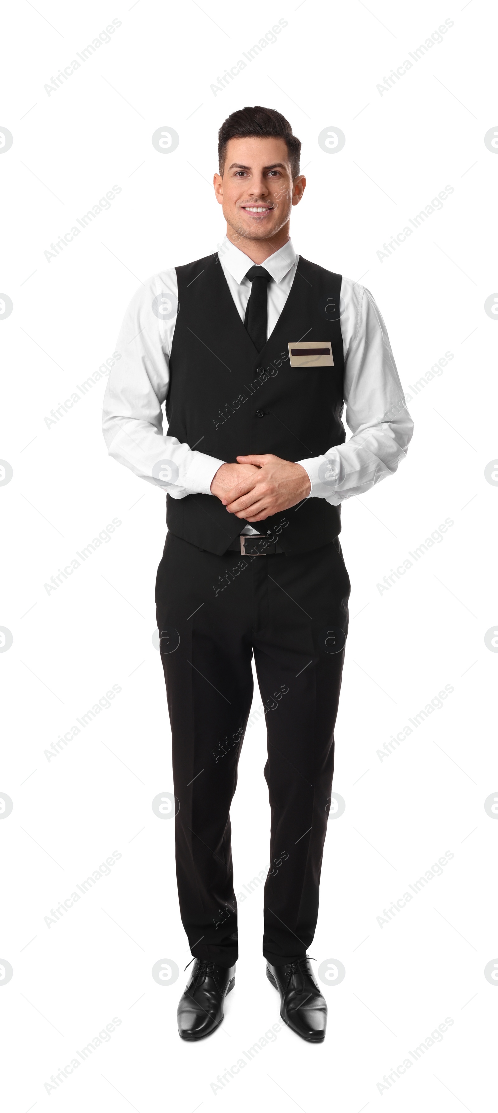 Photo of Full length portrait of happy receptionist in uniform on white background