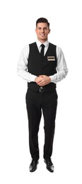 Full length portrait of happy receptionist in uniform on white background