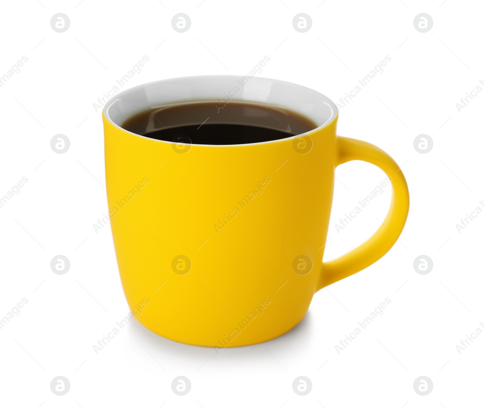 Photo of Yellow ceramic cup with hot aromatic coffee on white background