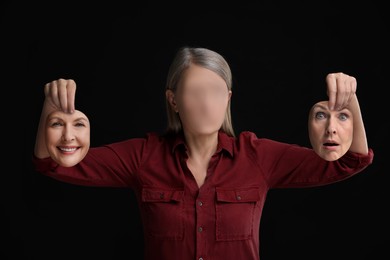 Faceless woman holding her face masks showing different emotions on black background. Personality crisis.