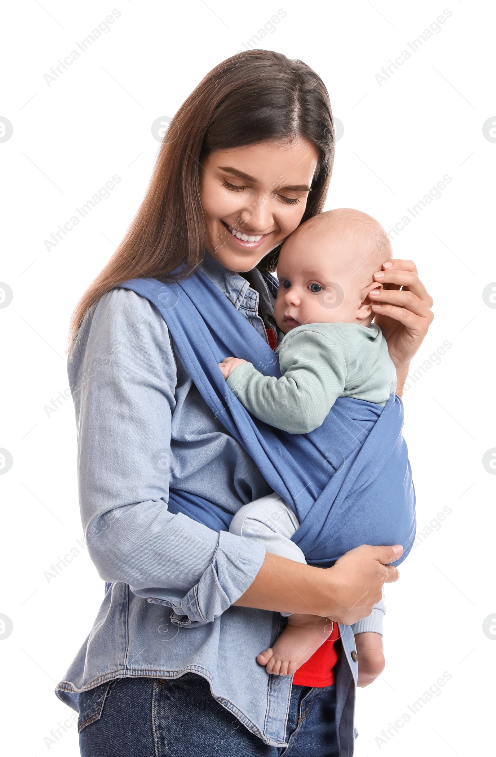 Photo of Mother holding her child in sling (baby carrier) on white background