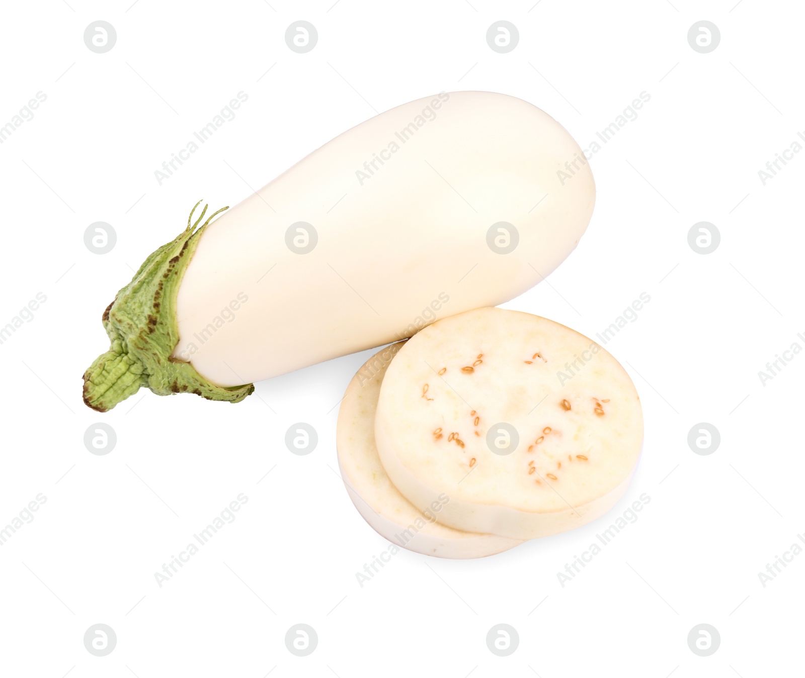 Photo of Whole and cut white eggplants isolated on white