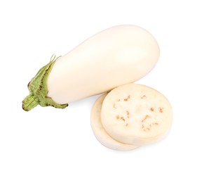 Whole and cut white eggplants isolated on white