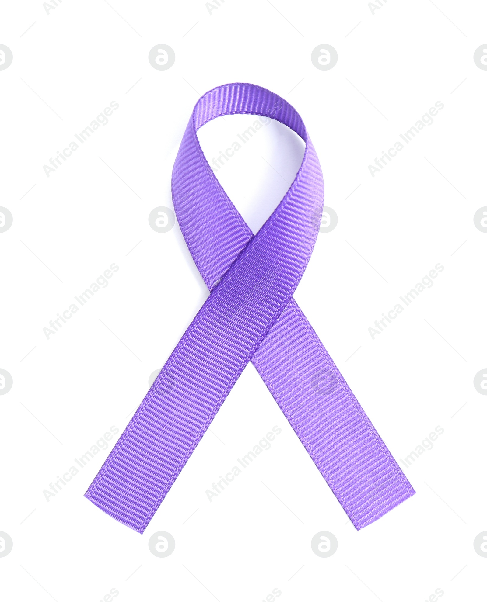 Photo of Purple awareness ribbon on white background, top view