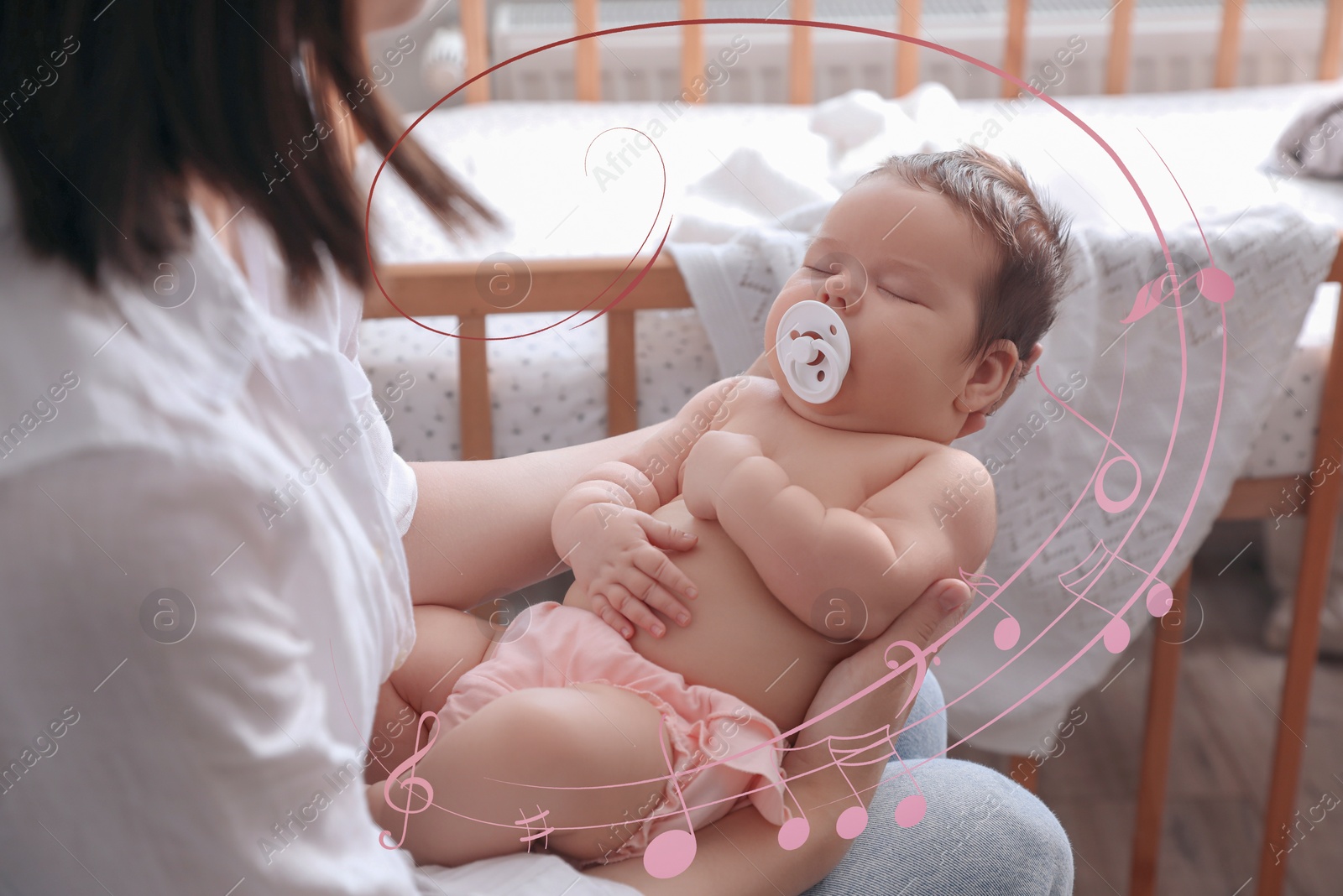 Image of Mother singing lullaby to her sleepy baby at home. Music notes illustrations flying around woman and child