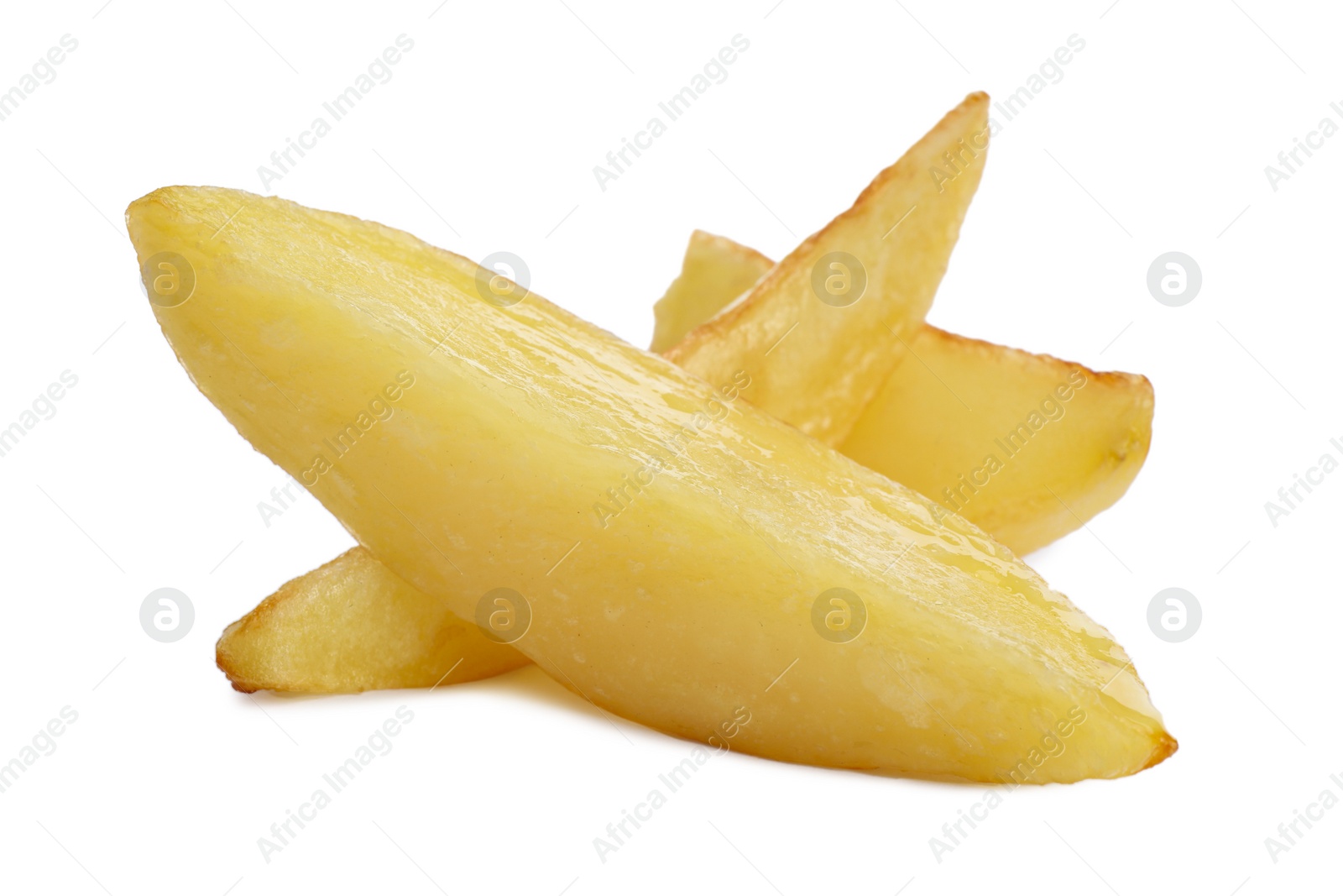 Photo of Tasty baked potato wedges on white background