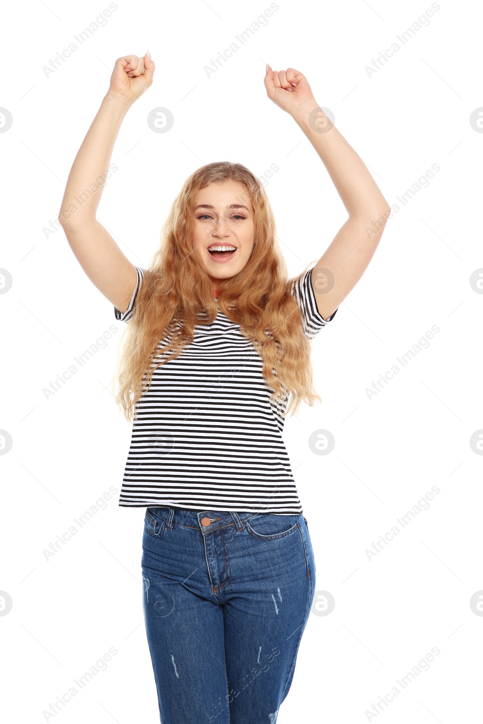 Photo of Happy young woman celebrating victory on white background