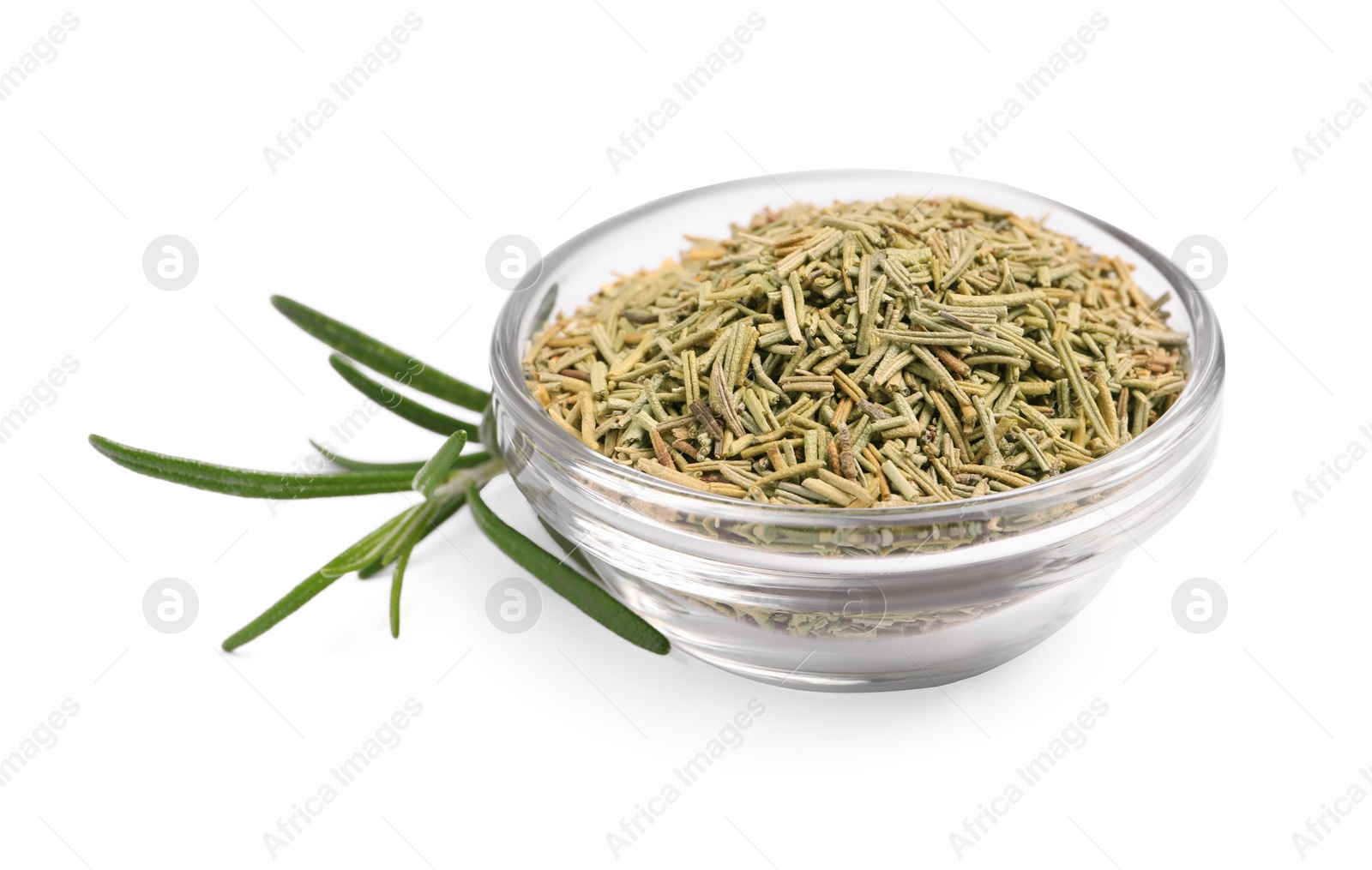 Photo of Bowl with fresh and dry rosemary isolated on white