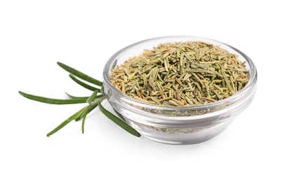 Photo of Bowl with fresh and dry rosemary isolated on white
