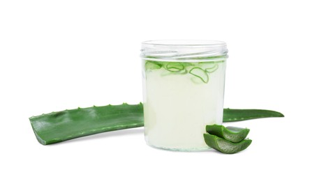 Photo of Fresh aloe juice in jar and leaves isolated on white