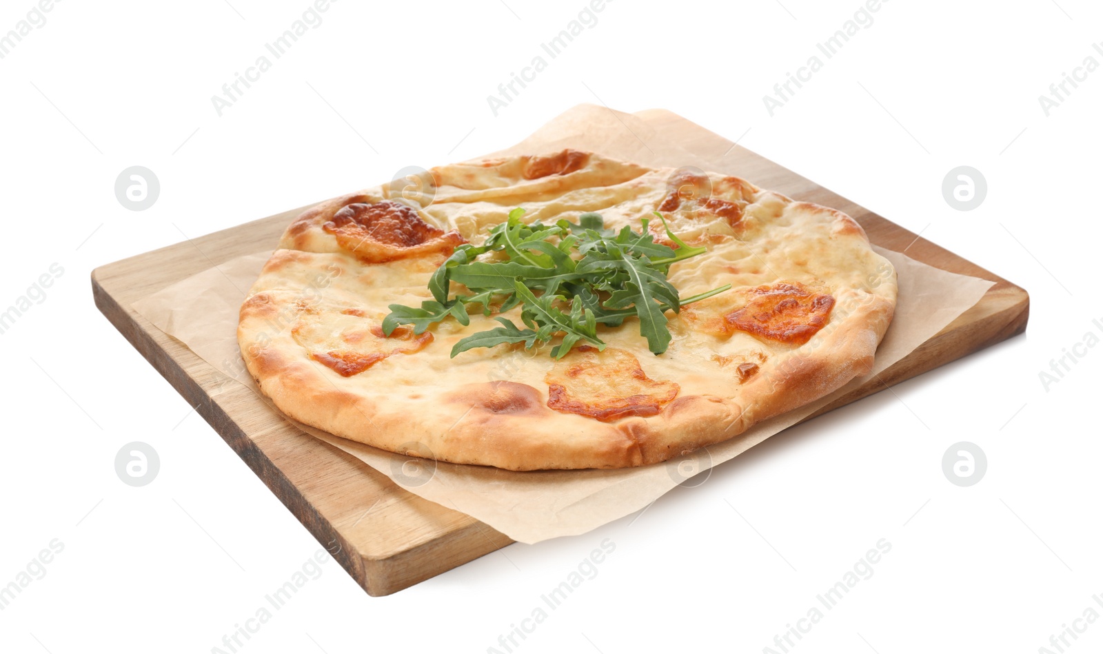 Photo of Delicious khachapuri with cheese on white background