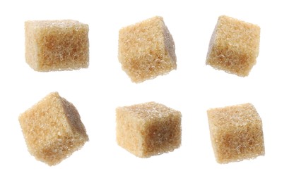 Image of Set with cubes of brown sugar on white background