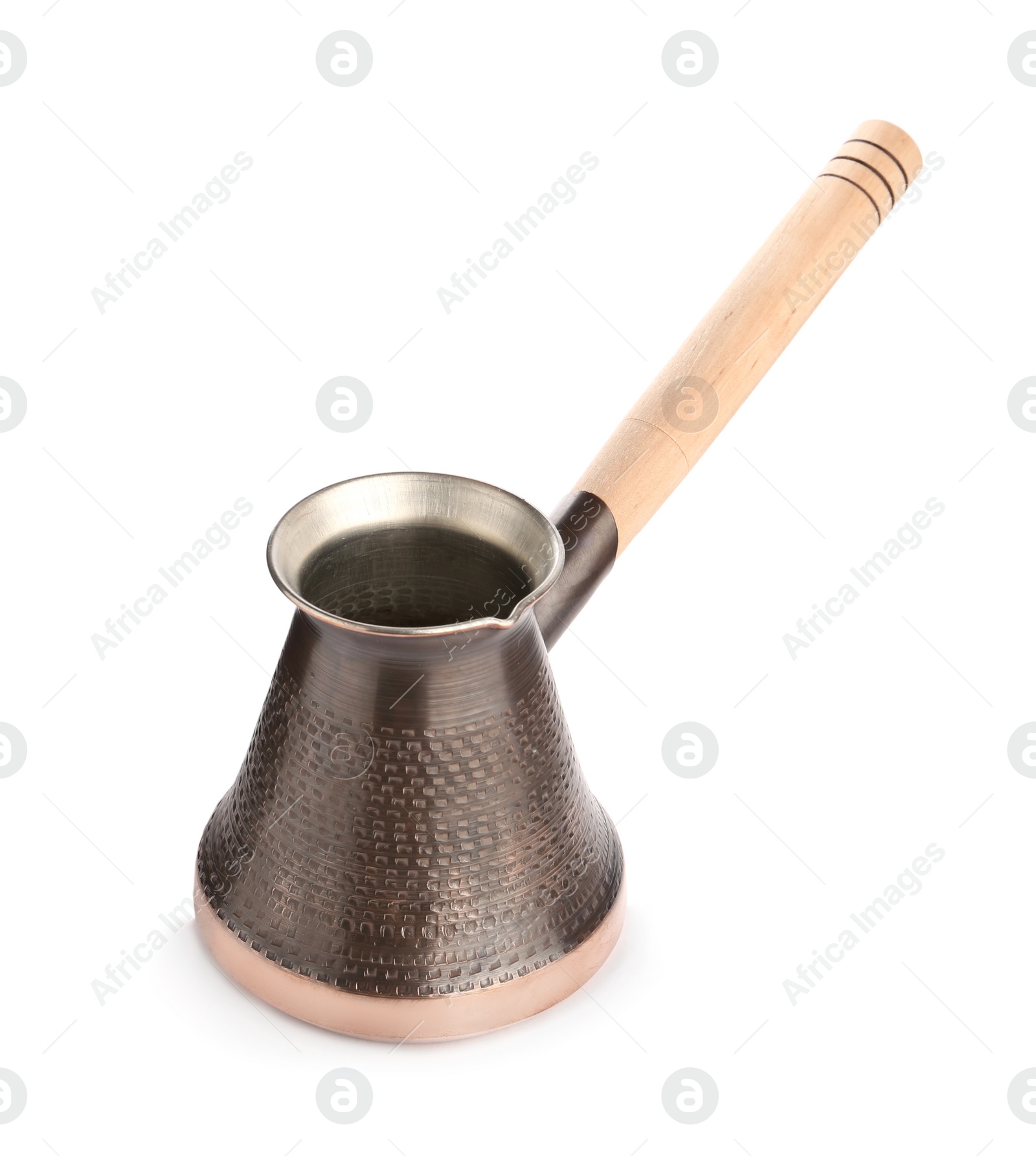 Photo of Beautiful copper turkish coffee pot with wooden handle isolated on white