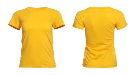 Image of Yellow t-shirt with space for design isolated on white. Back and front views