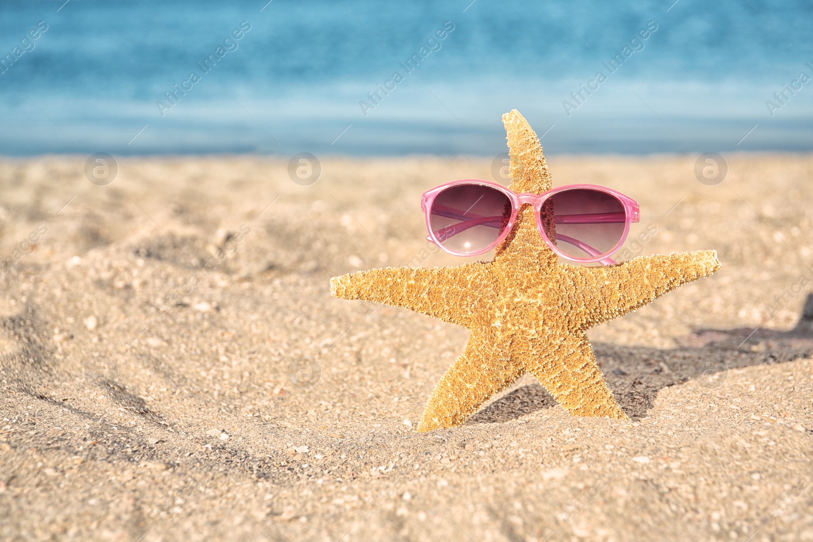 Photo of Sunglasses and starfish in sand on beach. Space for text