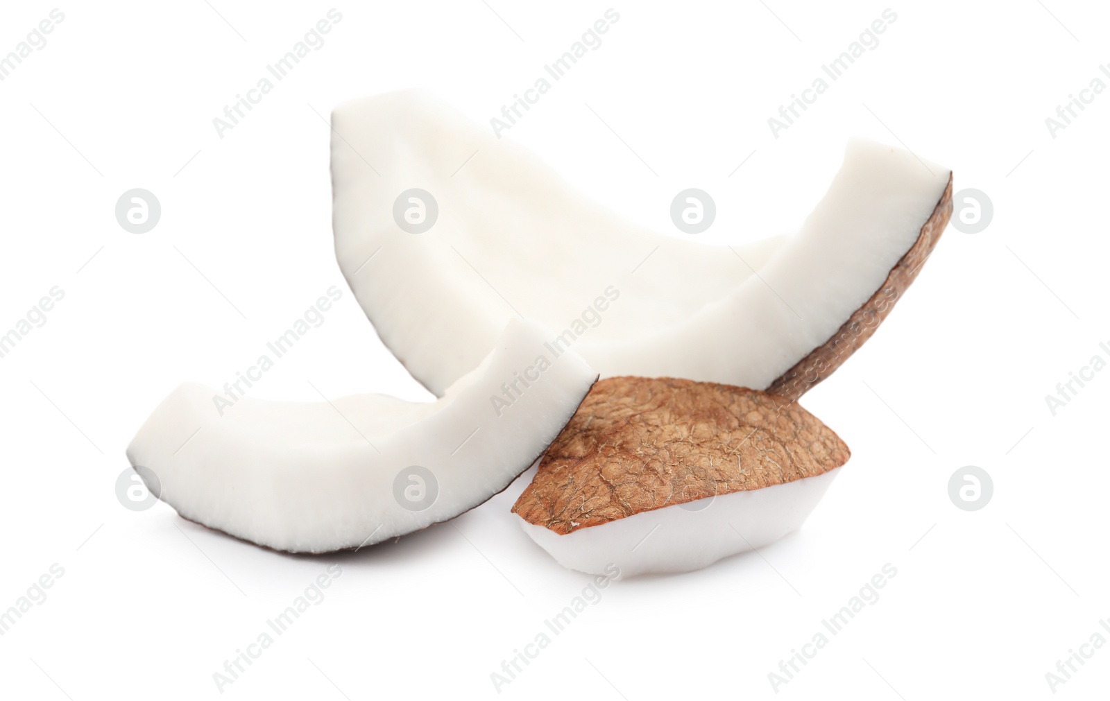 Photo of Pieces of ripe coconut on white background