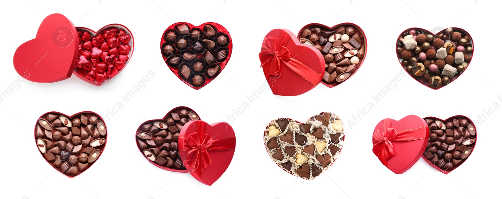 Image of Many heart shaped boxes with tasty chocolate candies on white background, collage design