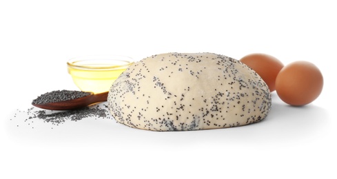 Photo of Raw dough with poppy seeds and ingredients on white background