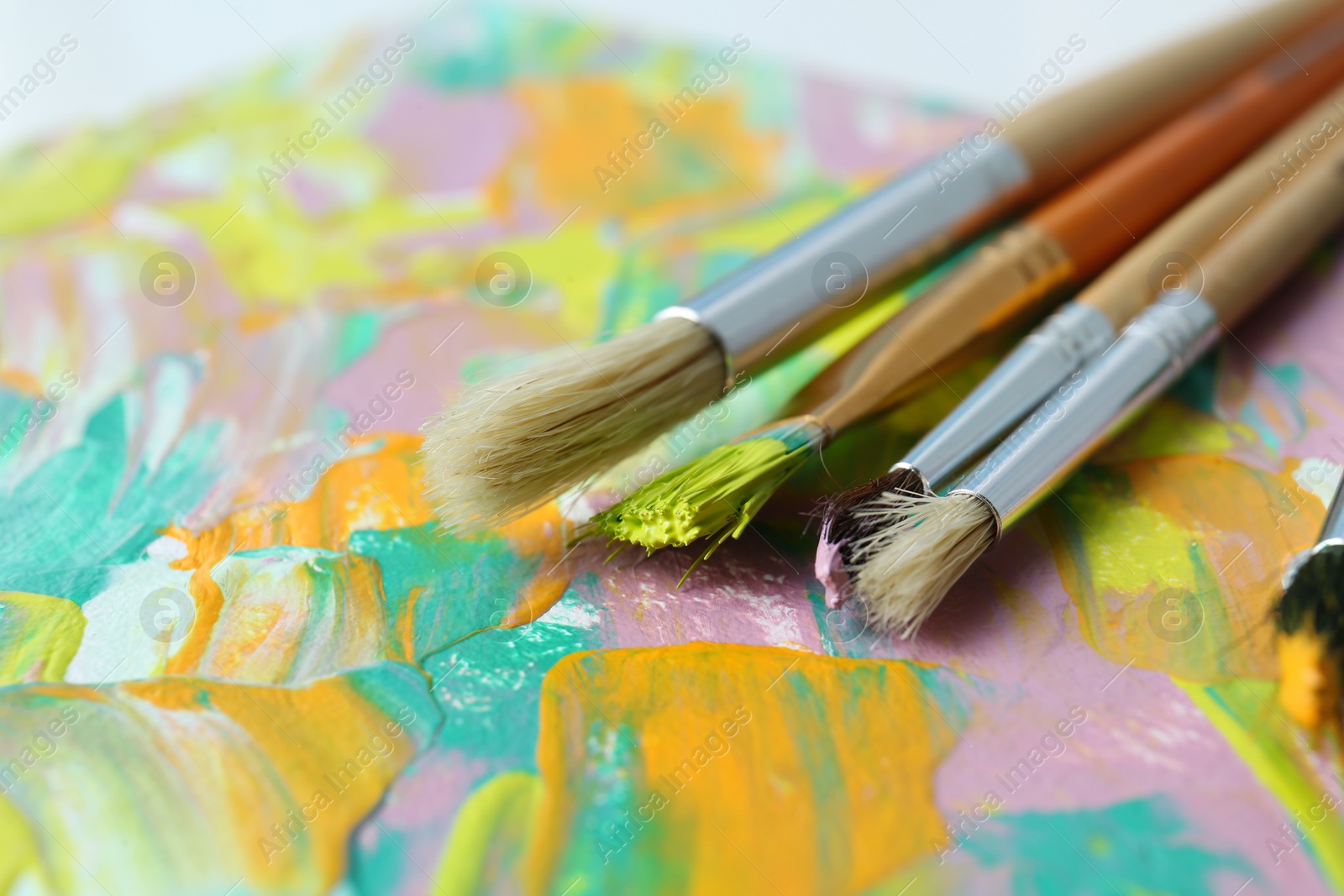 Photo of Set of different brushes on abstract colorful paint, closeup