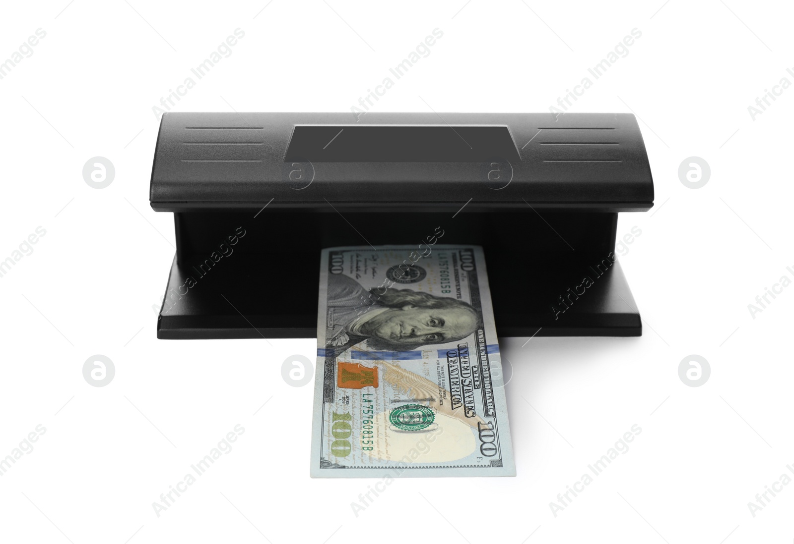 Photo of Modern currency detector with dollar banknote isolated on white. Money examination device