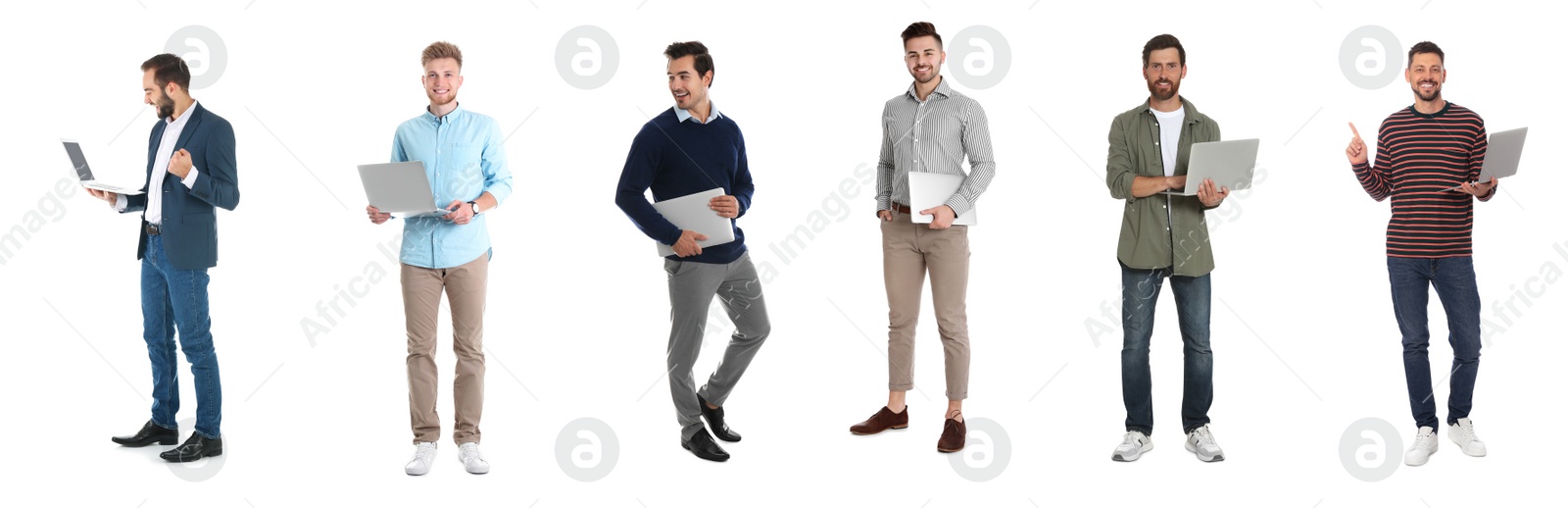 Image of Collage with photos of men holding modern laptops on white background. Banner design