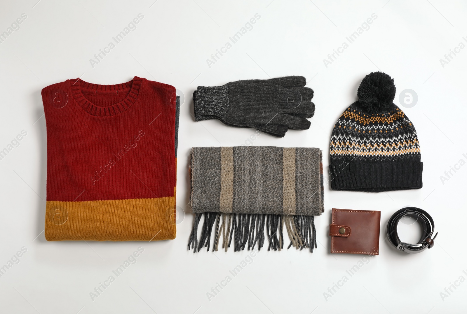 Photo of Flat lay composition with male winter clothes on white background