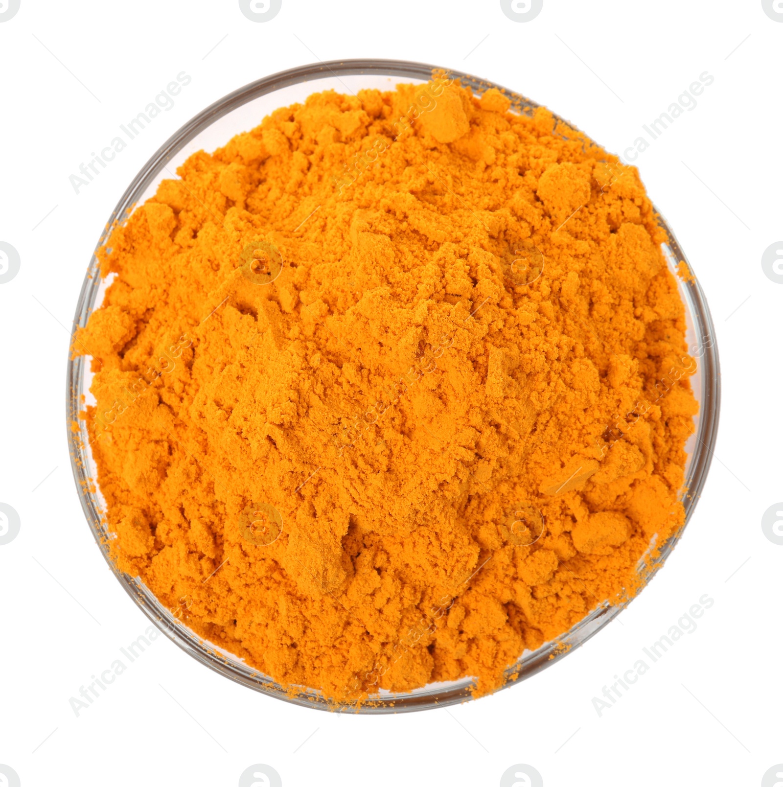 Photo of Aromatic saffron powder in bowl on white background, top view