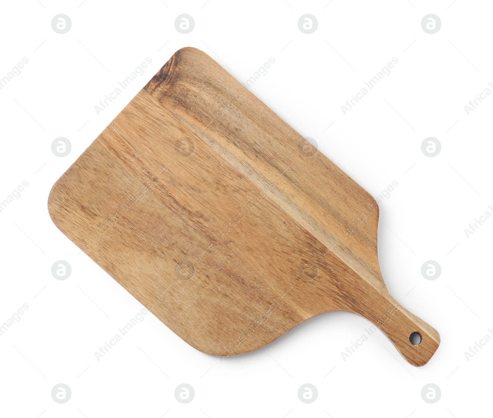 Photo of One wooden cutting board on white background, top view