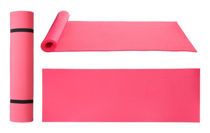 Set with pink camping mats on white background 