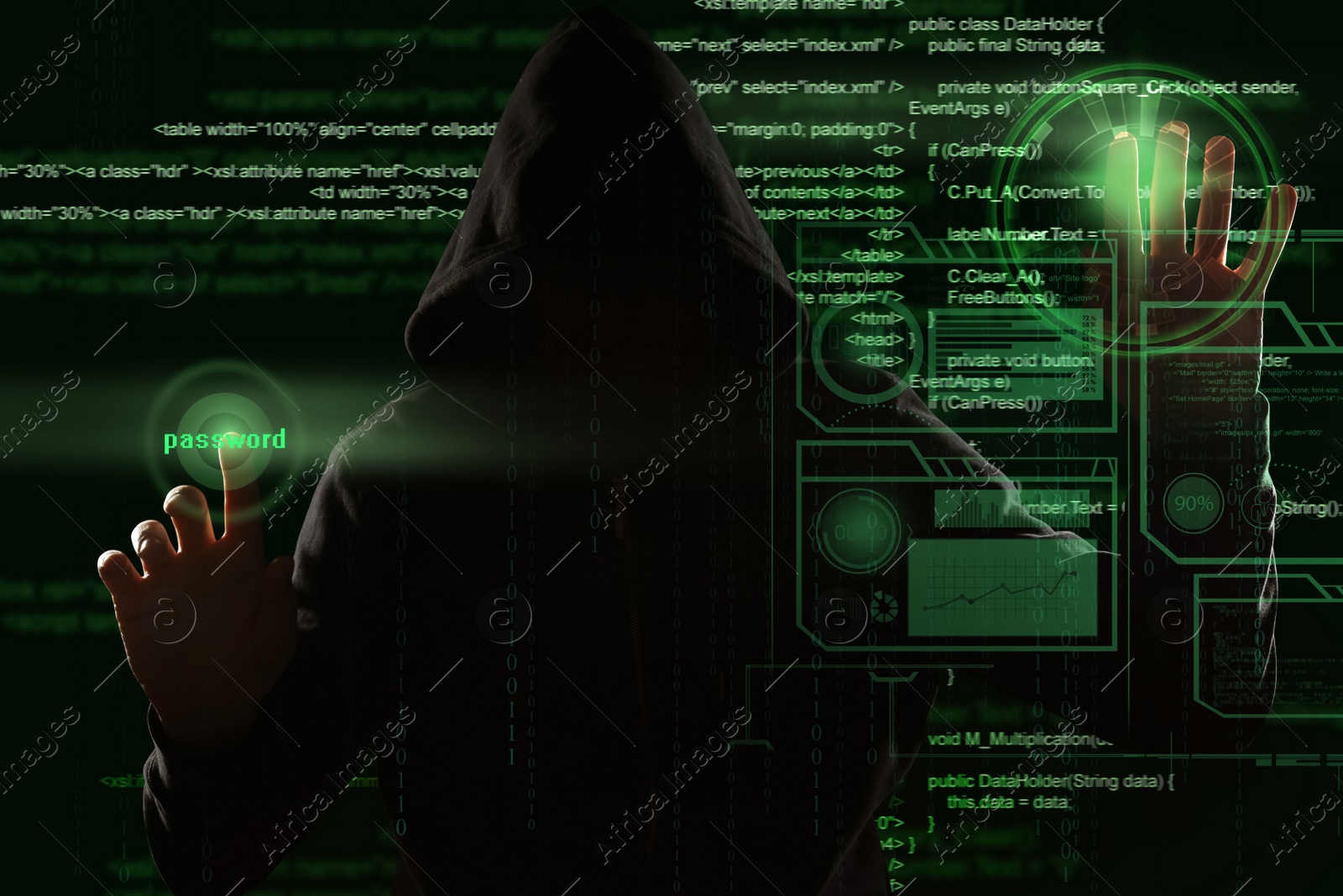 Image of Man in hood and digital code on dark background. Cyber attack concept