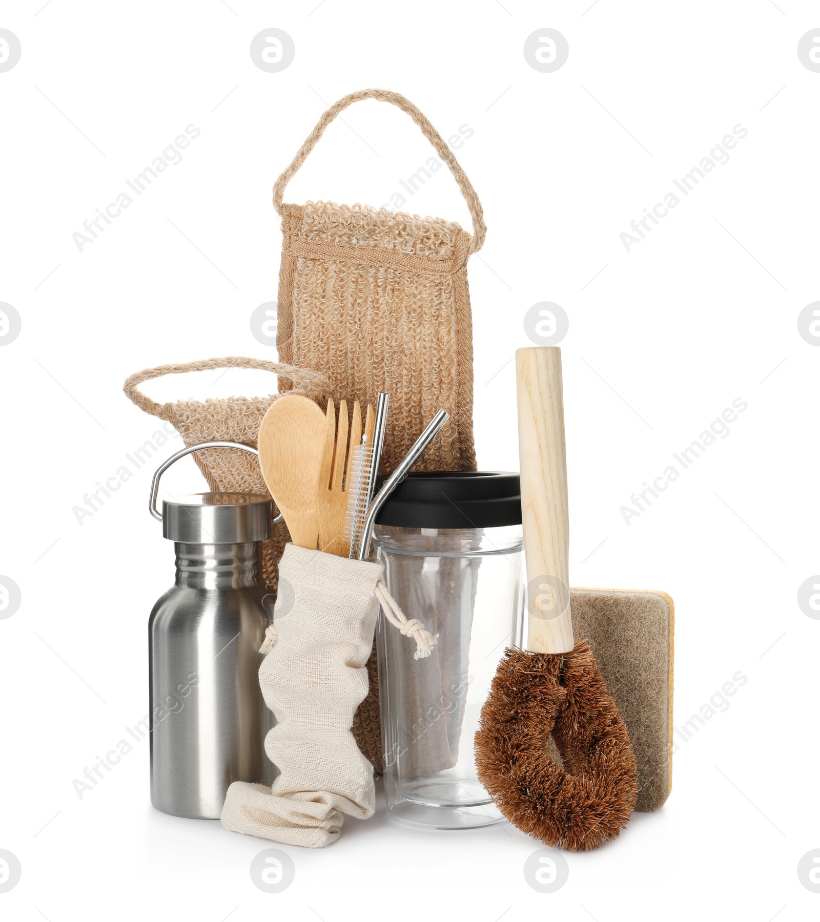 Photo of Different eco friendly products on white background. Conscious consumption