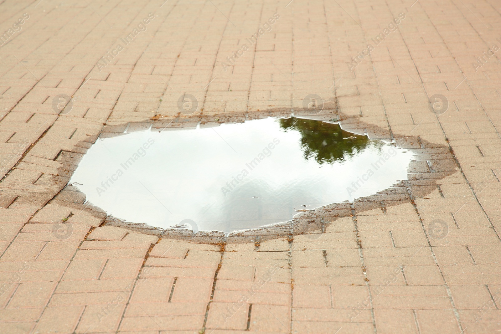 Photo of One puddle on street tiles outdoors after rain