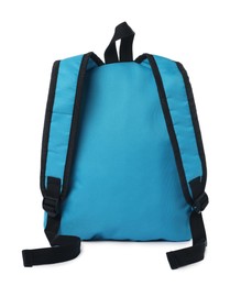 Photo of Stylish light blue backpack on white background