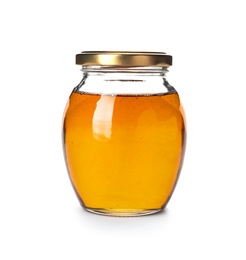 Jar with delicious honey on white background