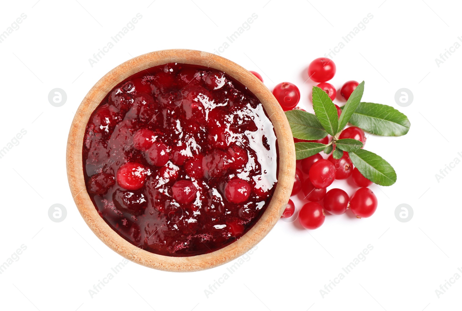 Photo of Cranberry sauce and fresh berries on white background, top view