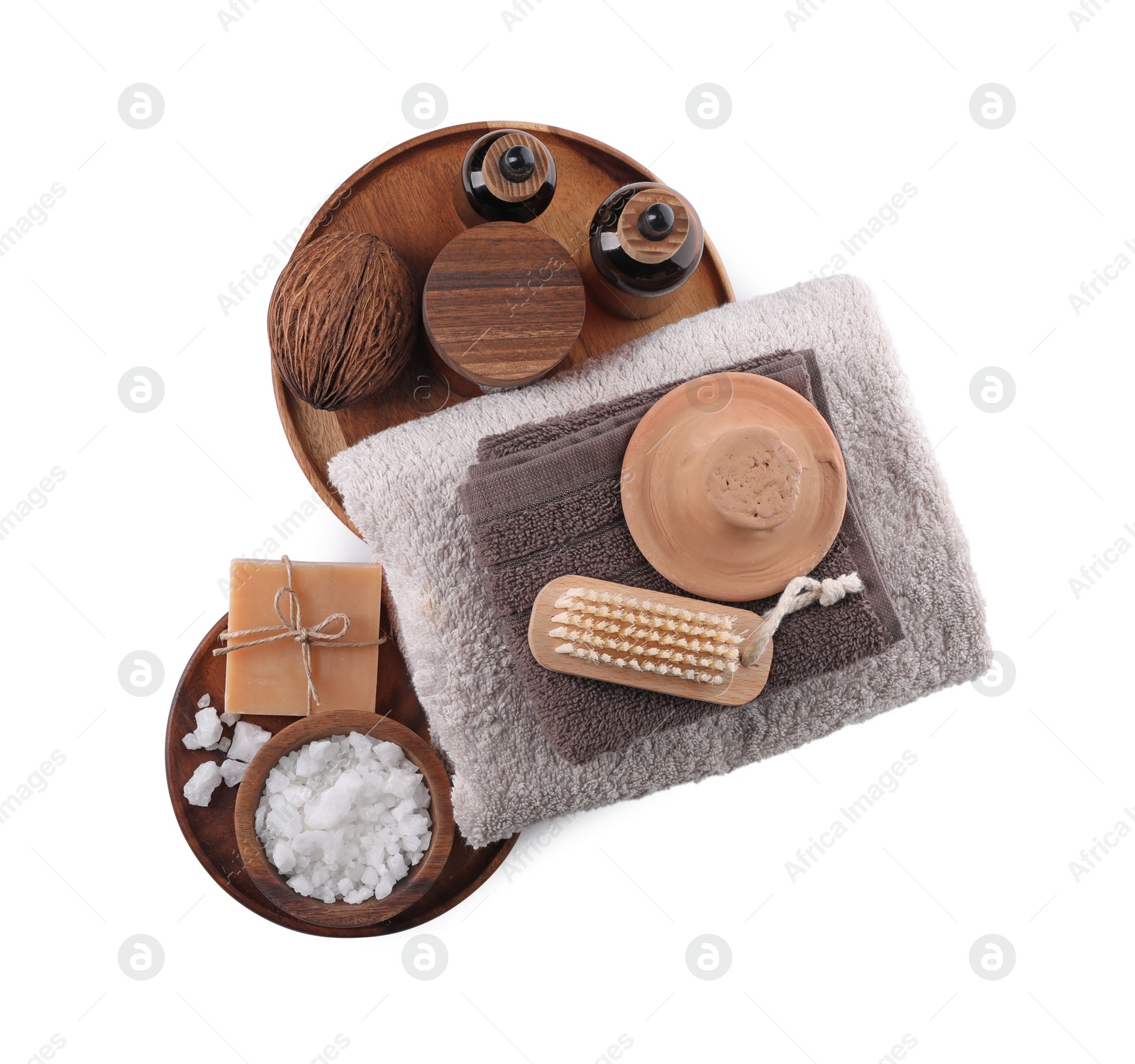 Photo of Composition with spa products isolated on white, top view