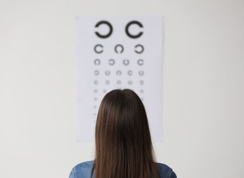 Eyesight examination. Young woman looking at vision test chart indoors, back view