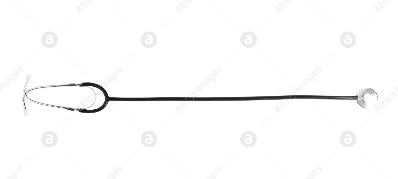 Photo of Stethoscope on white background, top view. Medical device