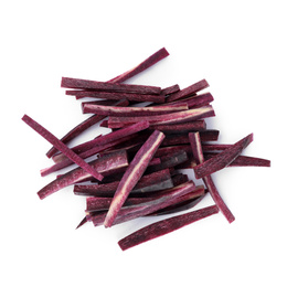Photo of Raw purple carrot sticks isolated on white, top view