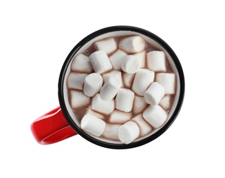 Photo of Hot drink with marshmallows in red cup isolated on white, top view