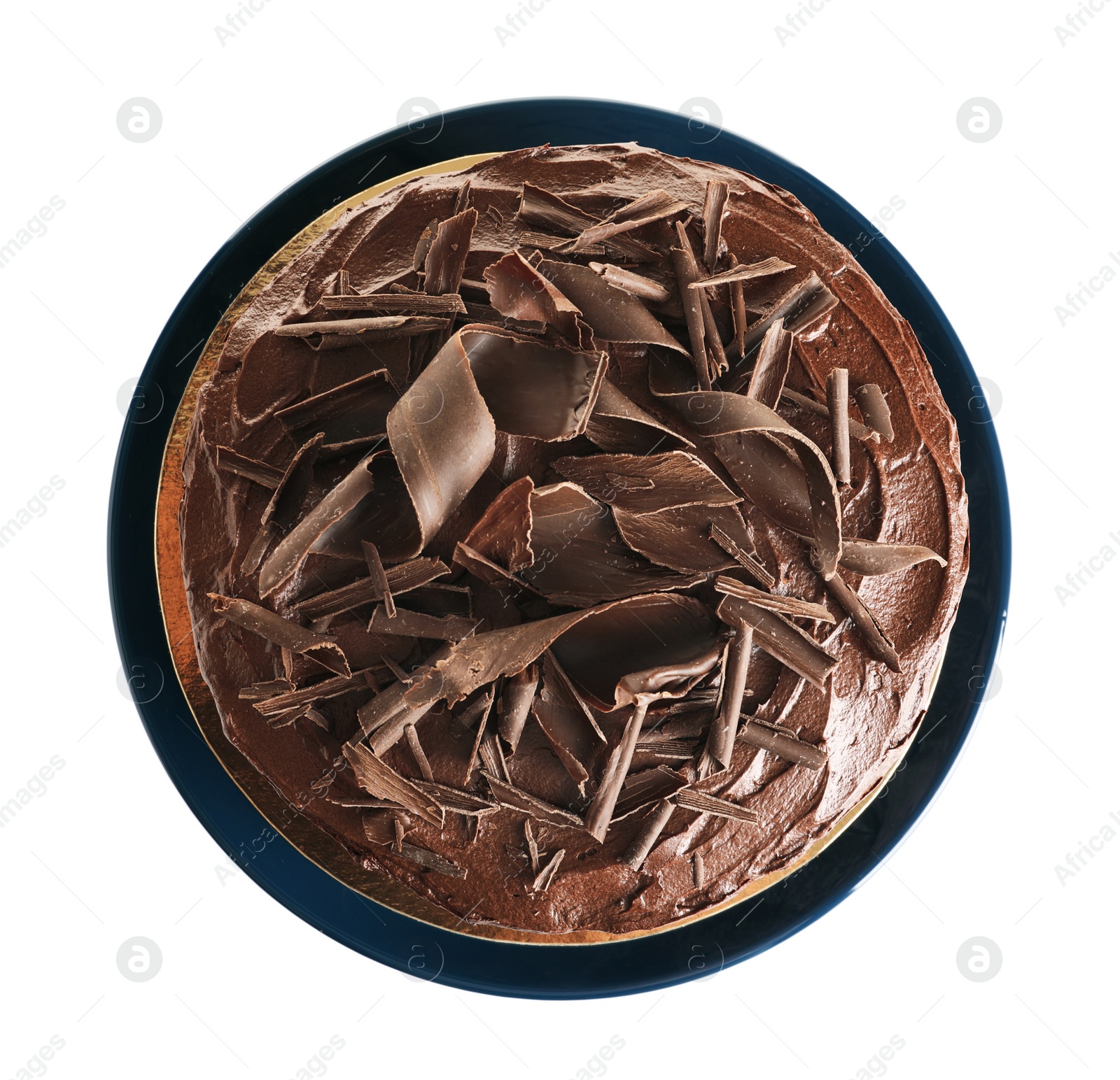 Photo of Plate with tasty homemade chocolate cake on white background, top view