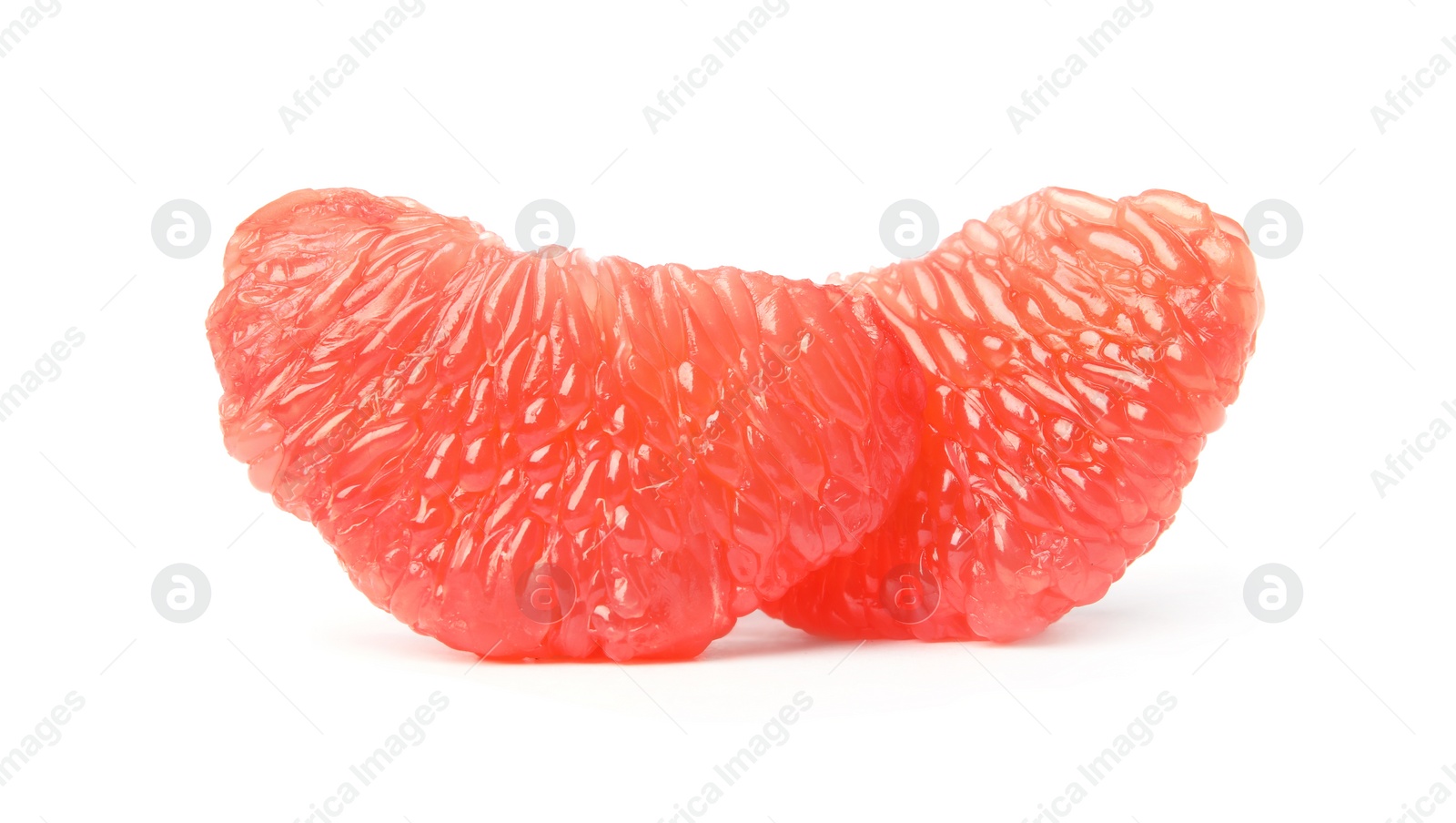 Photo of Slices of ripe juicy grapefruit on white background