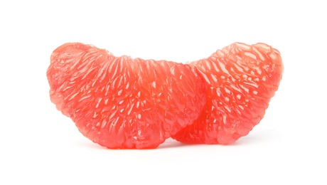 Photo of Slices of ripe juicy grapefruit on white background