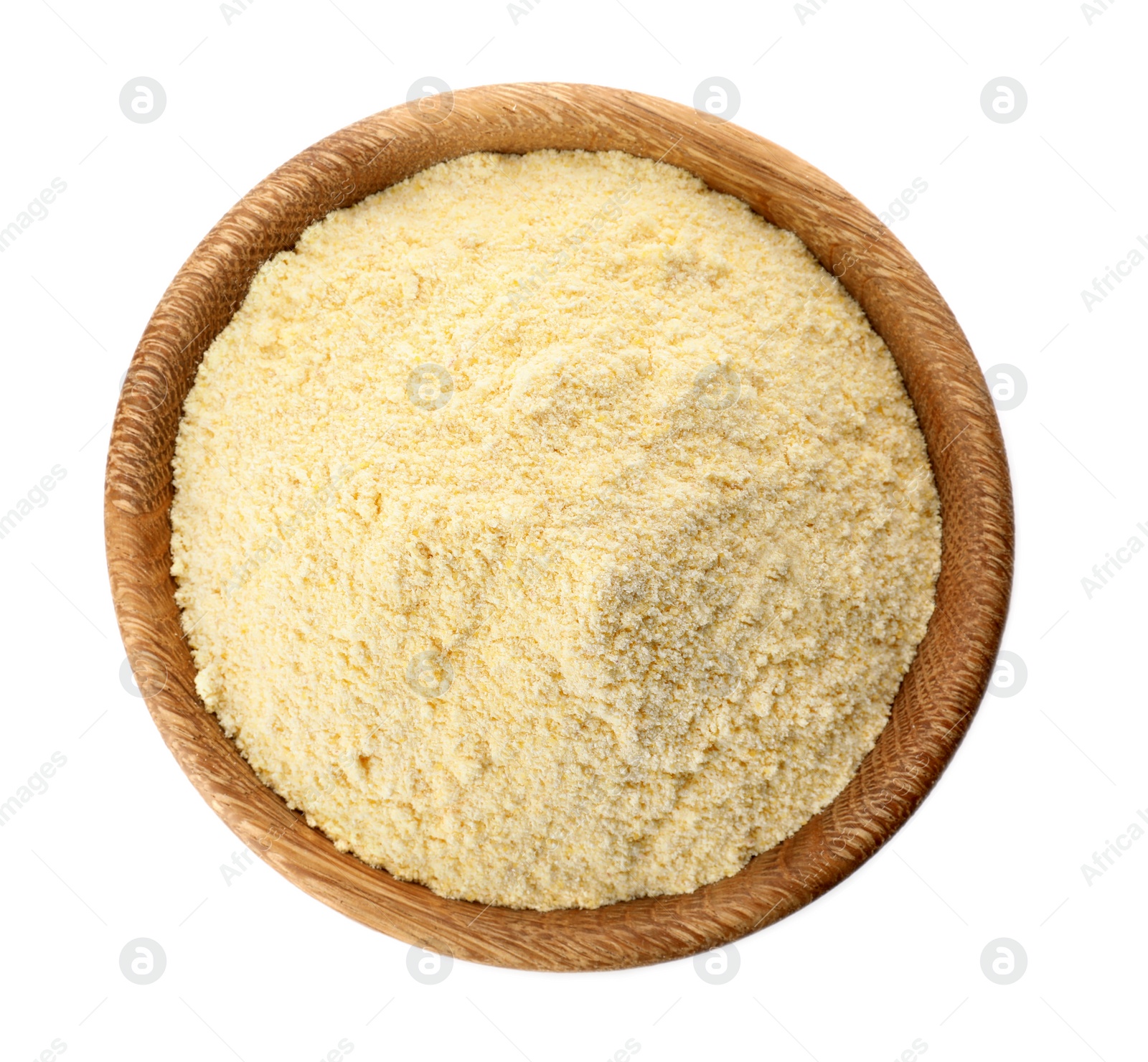 Photo of Bowl of corn flour isolated on white, top view