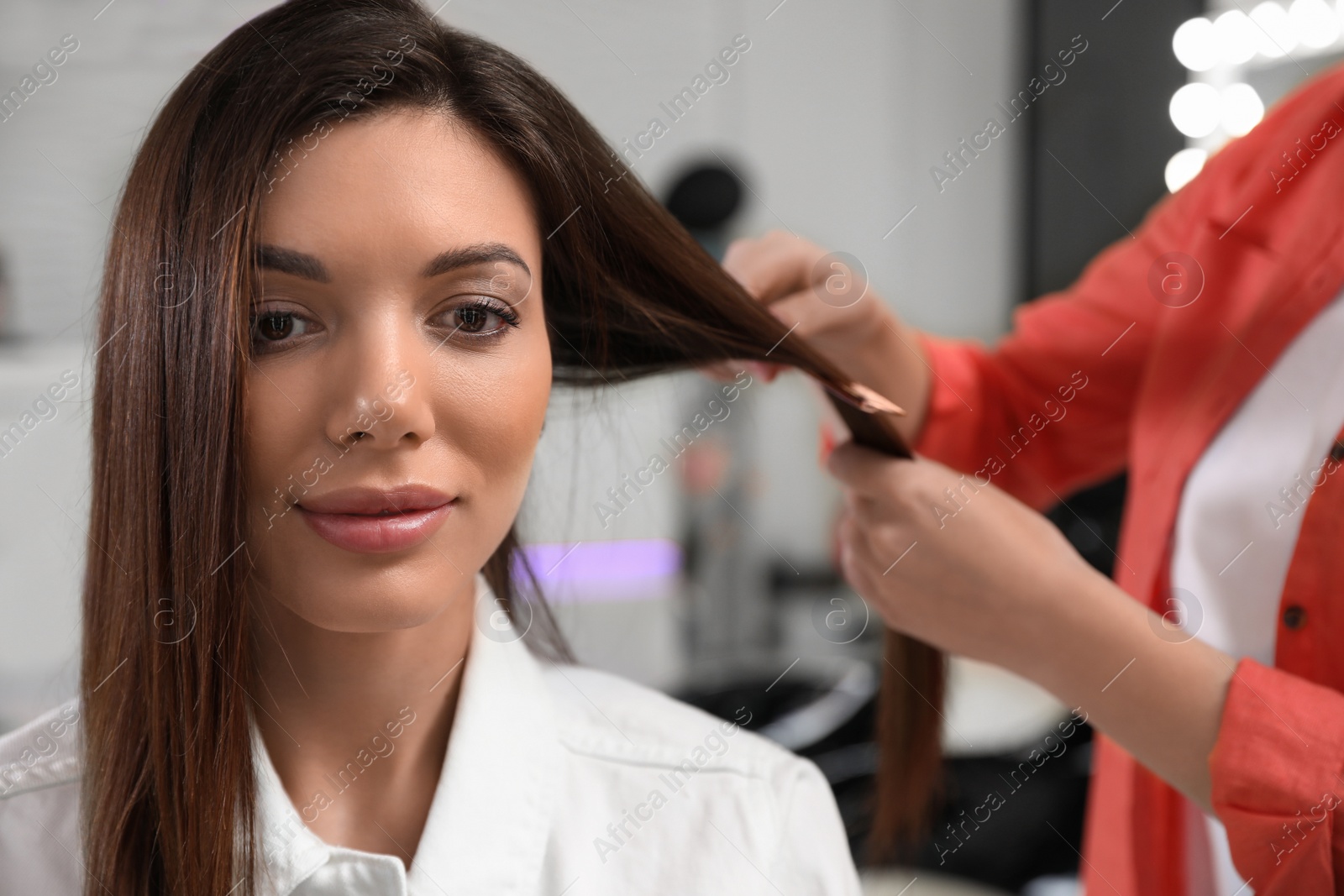 Photo of Professional hairdresser working with client in beauty salon