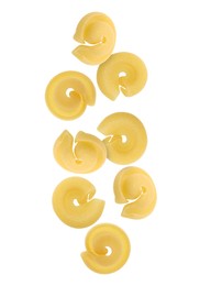 Image of Raw dischi volanti pasta flying on white background