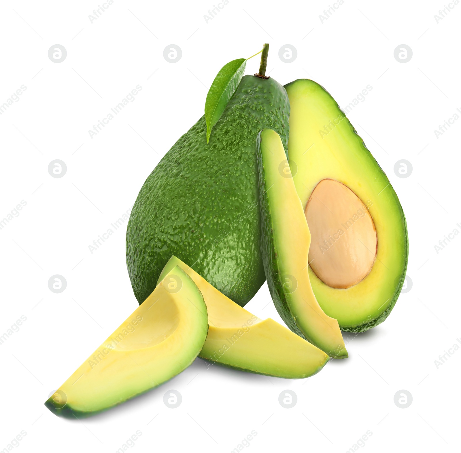 Image of Cut and whole fresh avocados on white background