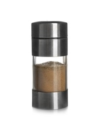 Shaker with aromatic pepper on white background